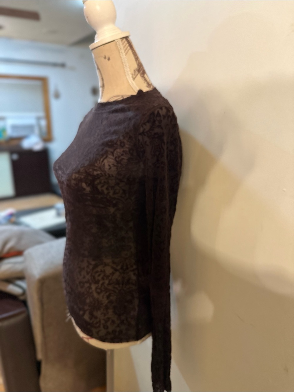 Brown Long-Sleeve Lace-Texture Women's Top - Picture 4 of 8